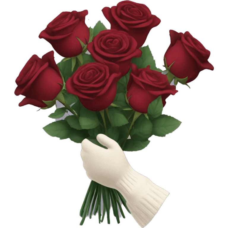 bouquet of burgundy roses next to gloves emoji