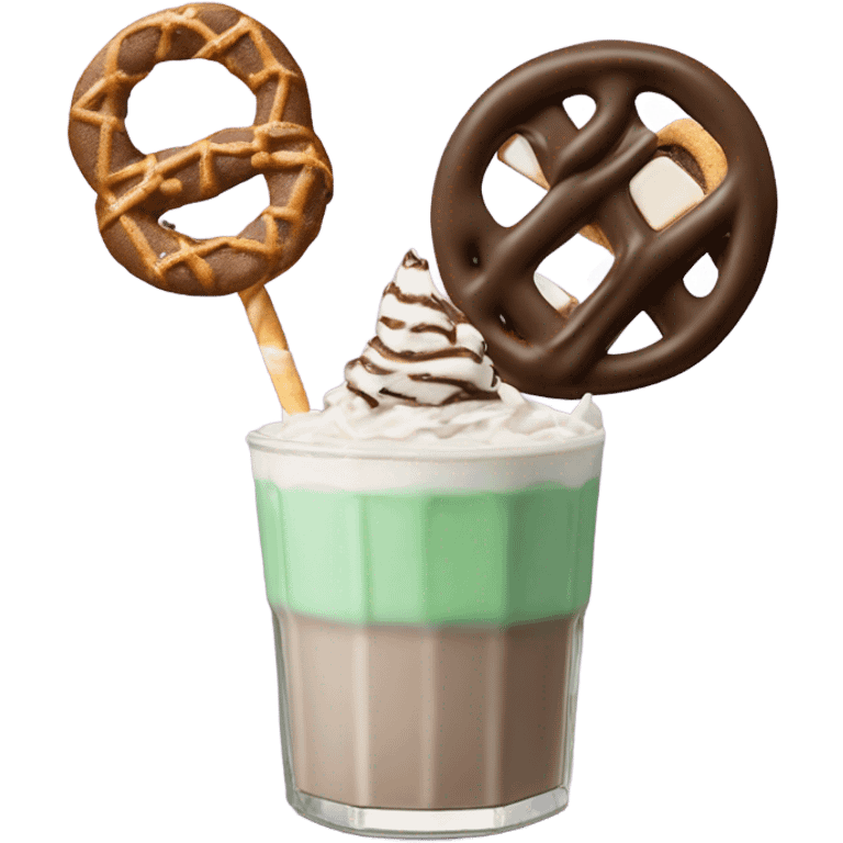 andes mint chocolate chip milkshake topped with a toasted marshmallow, chocolate covered pretzel, chocolate s’more, and a s’mores cookie emoji