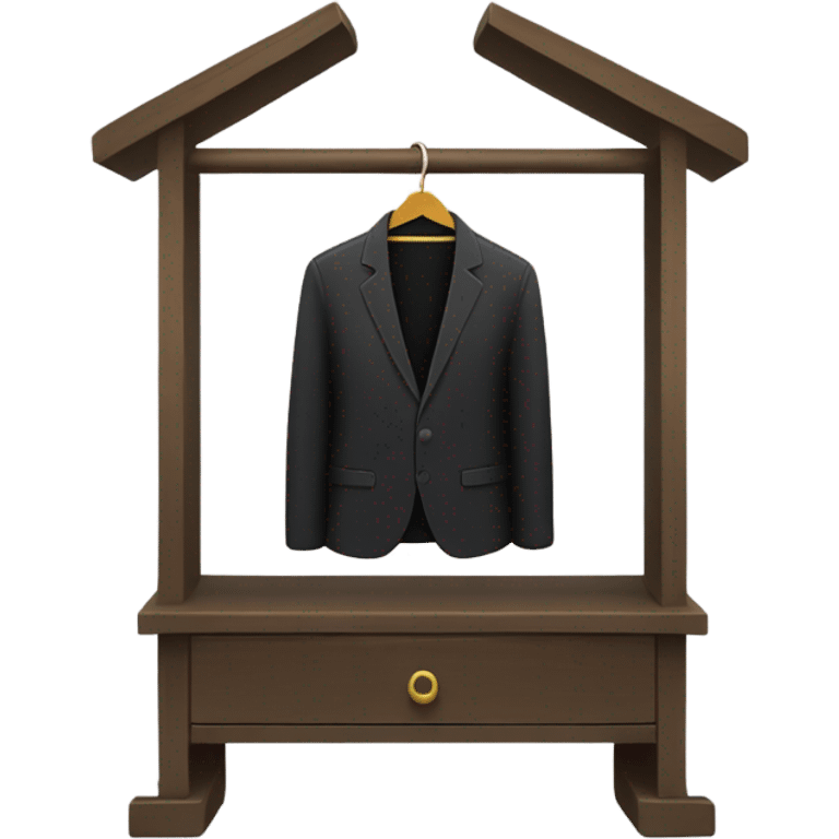 Design an emoji-style icon of an open wardrobe with clothes hanging inside. Include details like a wooden frame, hangers, and black clothing items such as shirts or any other clothing . Use a clean and minimalistic design. emoji