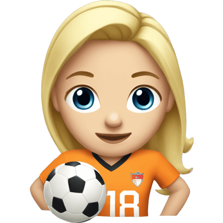 Soccer player girl with blond hair wearing an orange jersey with #18 emoji