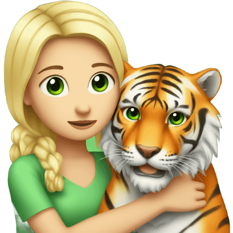 A blonde white girl, green eyes hugs an orange tiger emoji