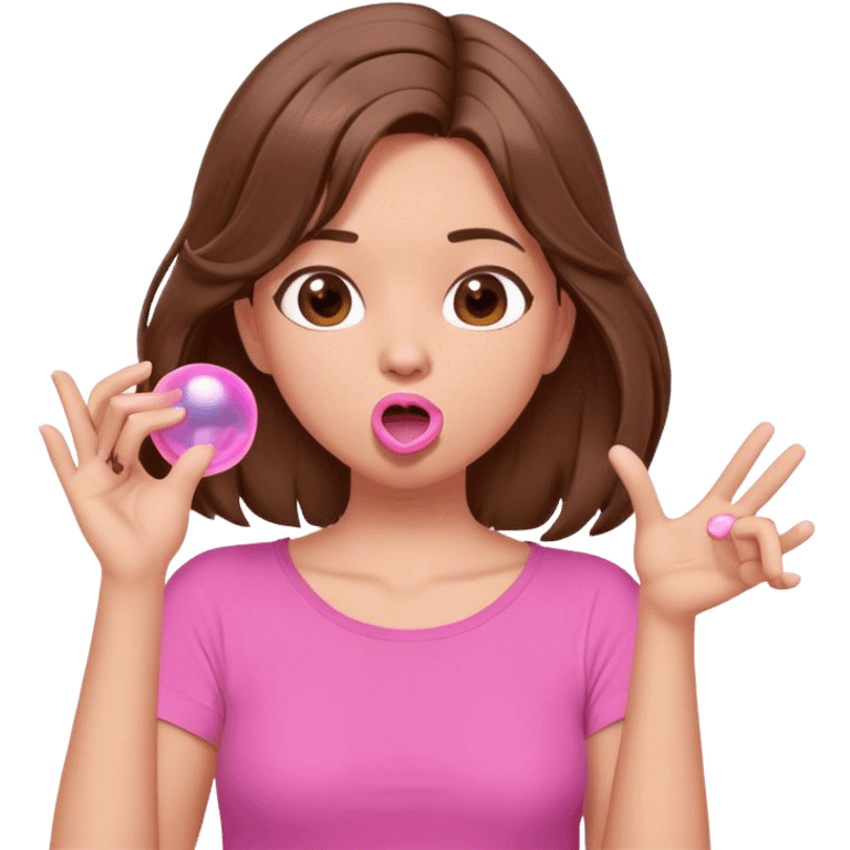 A digital illustration of a cartoon-style woman with shoulder-length brown hair, wearing a pink shirt. She is blowing a pink bubble gum bubble while playfully twirling a strand of her hair with her fingers. Her facial expression is relaxed and carefree. The background is plain white *3d emoji* emoji