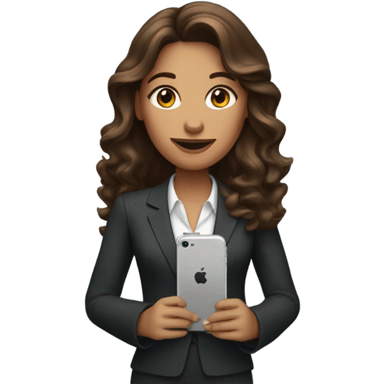 business woman with long wavy brown hair and iphone emoji