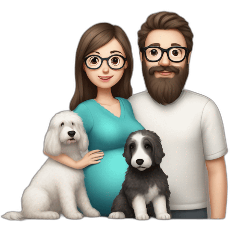 Hyperrealist pregnant girl with half long brown hair with glasses, a boy with long beard, glasses and short hair and english sheepdog emoji