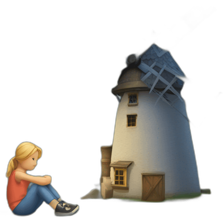 Children are sitting near the windmill emoji