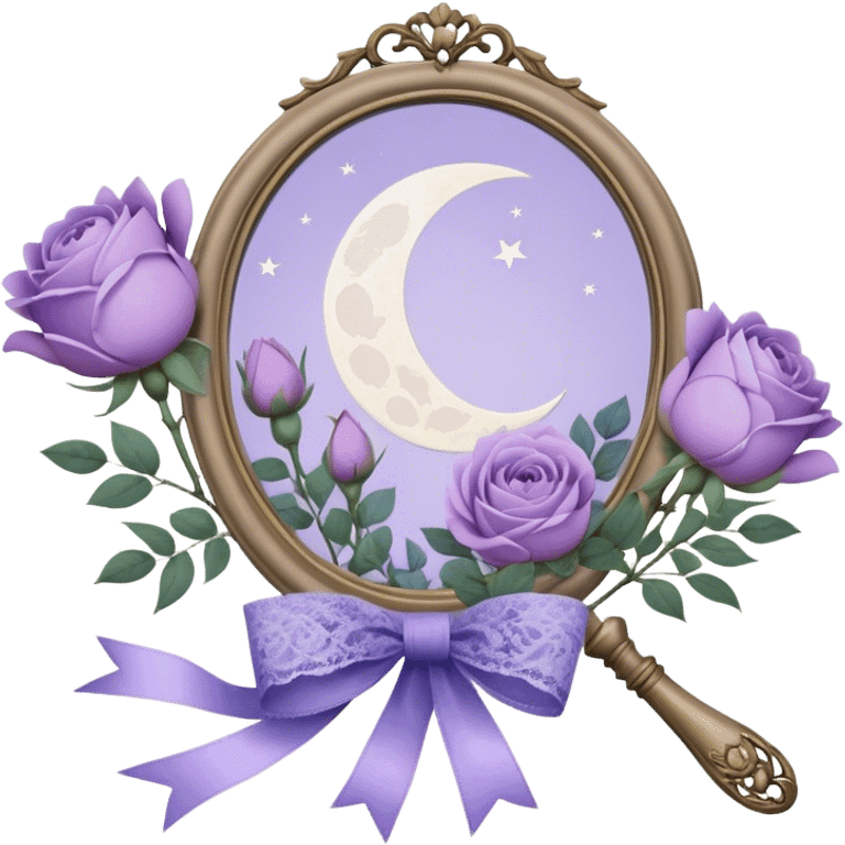 Under the soft light of a vintage brass lantern, a small bundle of lilac roses, indigo peonies, and delicate lavender sprigs is tied with a lace ribbon in a muted violet hue. Above, the sky is scattered with tiny silver stars, reflecting gently in the antique hand mirror with a moon-shaped handle beside the bouquet. emoji