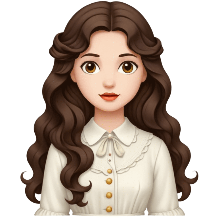 Brunette with long wavy  hair in  white vintage  emoji