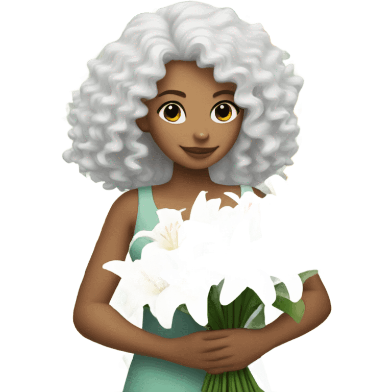 White curly haired girl holds a bouquet of Lilies  emoji