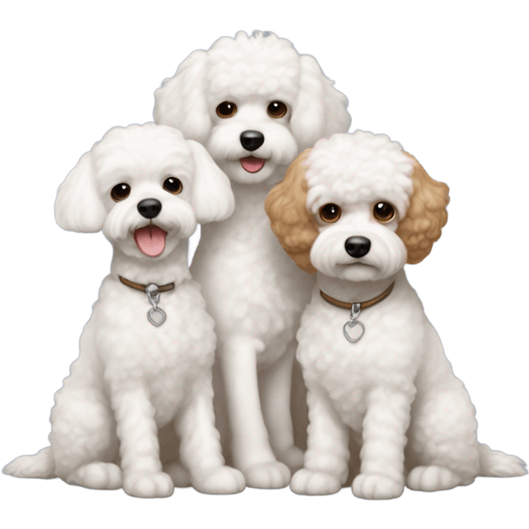 3 dogs - 2 white bichons, 1 light brown cavapoochon with white patch on its chest emoji