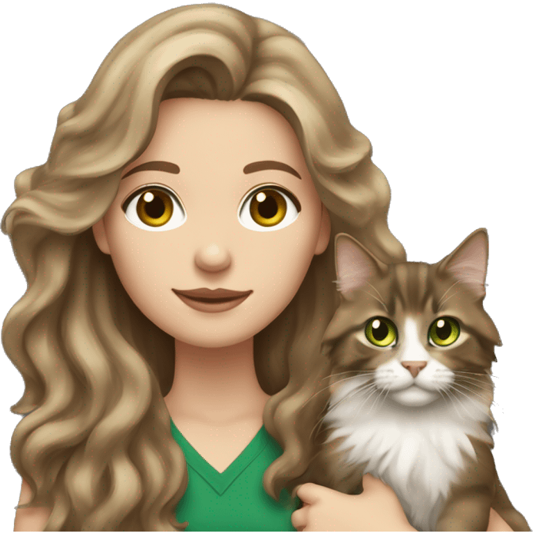 White brunette long wavy hair woman with green eyes holding a brown Maine coon cat  emoji