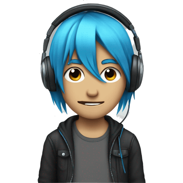 Emo with blue hair and a headphones and unsmile emoji