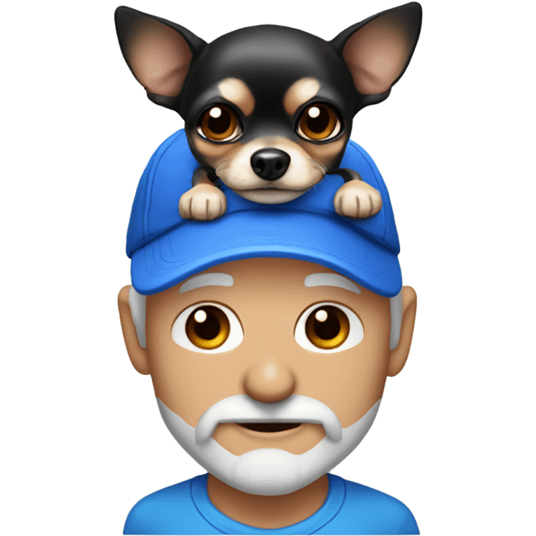 Old man with blue eyes goatee beard ball cap holding cute black long fur Chihuahua emoji