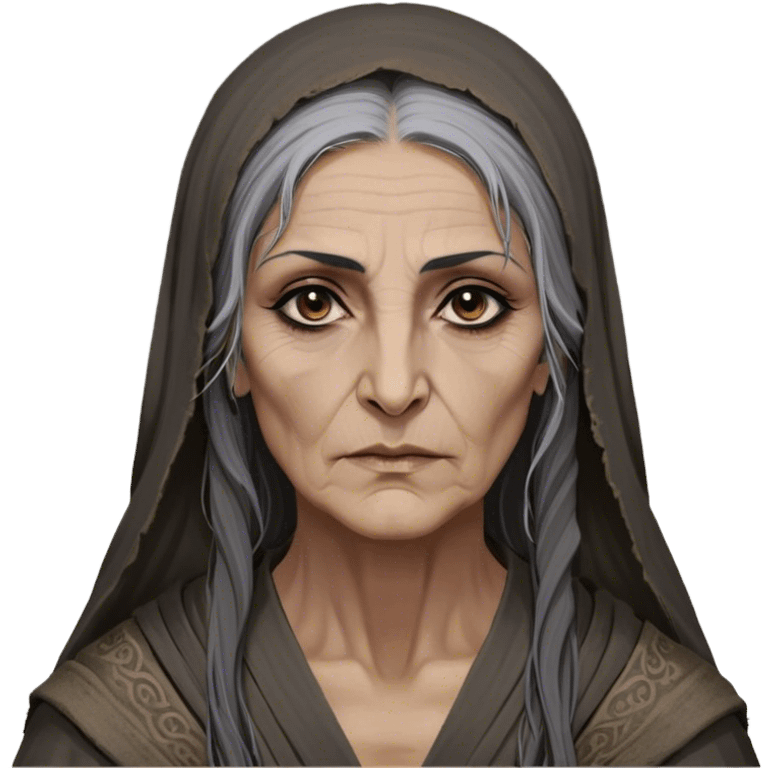 Mirri Maz Duur is a weathered, age 60 Lhazareen woman with deep-set dark eyes, high cheekbones, and a sharp nose, giving her a stern, knowing expression. Her long, unkempt dark hair streaked with gray falls loosely over her shoulders, and her earth-toned, tattered robes mark her as a humble healer. Despite her frail appearance, she exudes an aura of mystery and menace, her hands stained with herbs and blood from both healing and dark sorcery. emoji