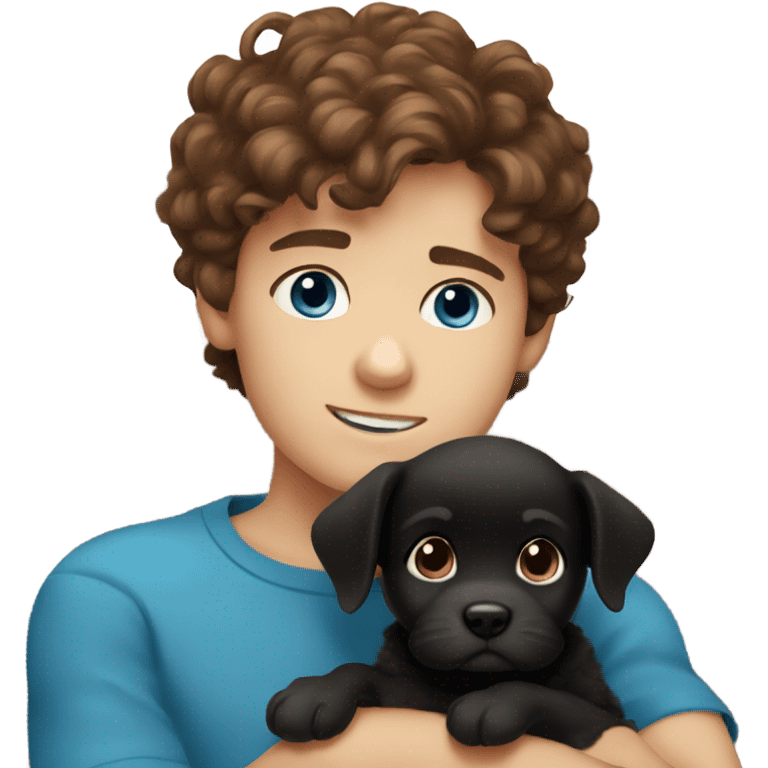 Brown hair boy with blue eyes with fluffy black puppy emoji