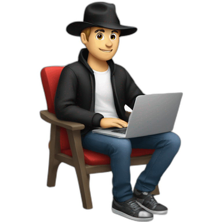 tech white guy with black hat holding a apple laptop in the lap emoji