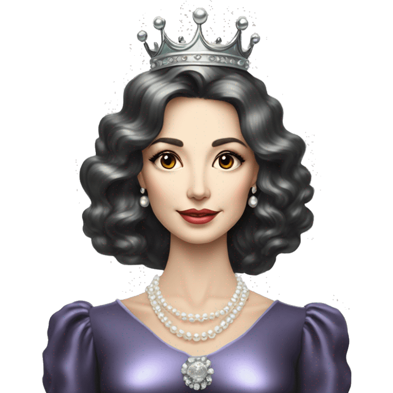 Regal pretty slender middle age woman photograph defined cheekbones high cheekbones crown vintage with very long iridescent black and silver hair wavy long hair pearl crown iridescent emoji