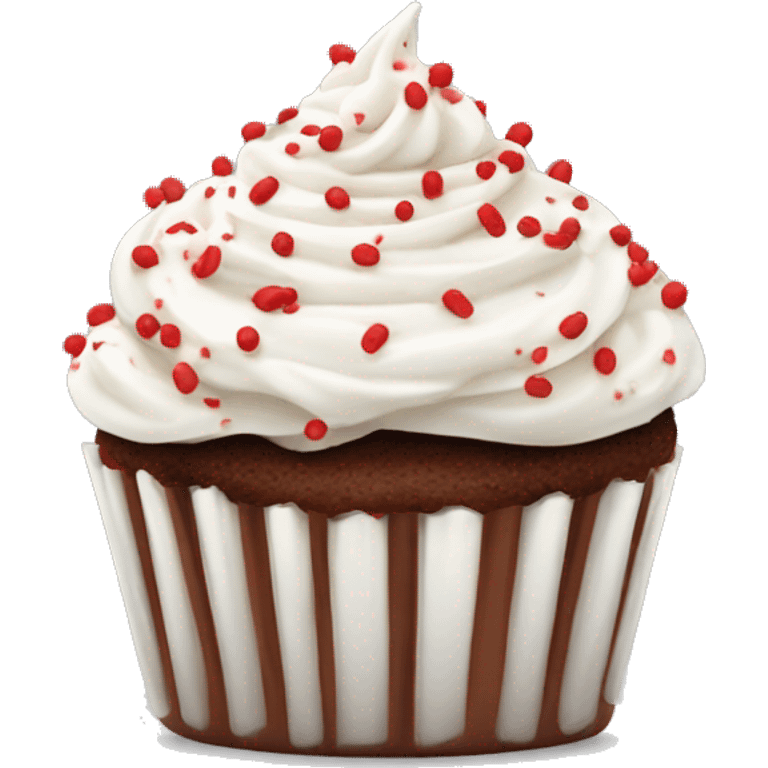 Chocolate cupcake with white frosting and red and white sprinkles emoji