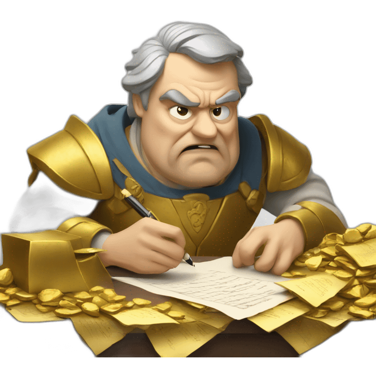 middle ages taxman, angry, writing on a paper, pile of gold emoji