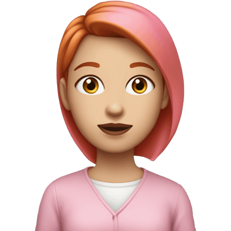 20 years old girl with straight short red hair, white skin, big pinky lips, big eyes, calm face, in pink clothes works on macbook emoji