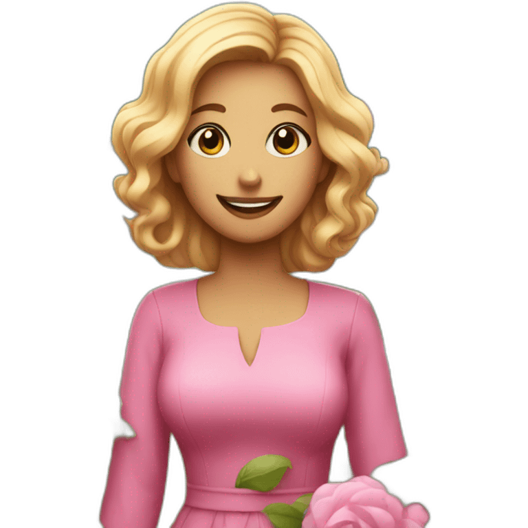 Standing in a garden, holding flowers, wearing a pink dress, facing the camera, and is smiling emoji