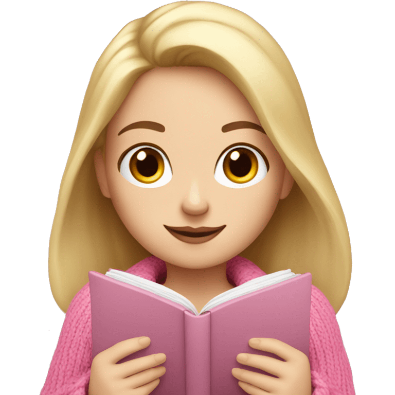 Pretty white girl with pink sweater reading cozy emoji