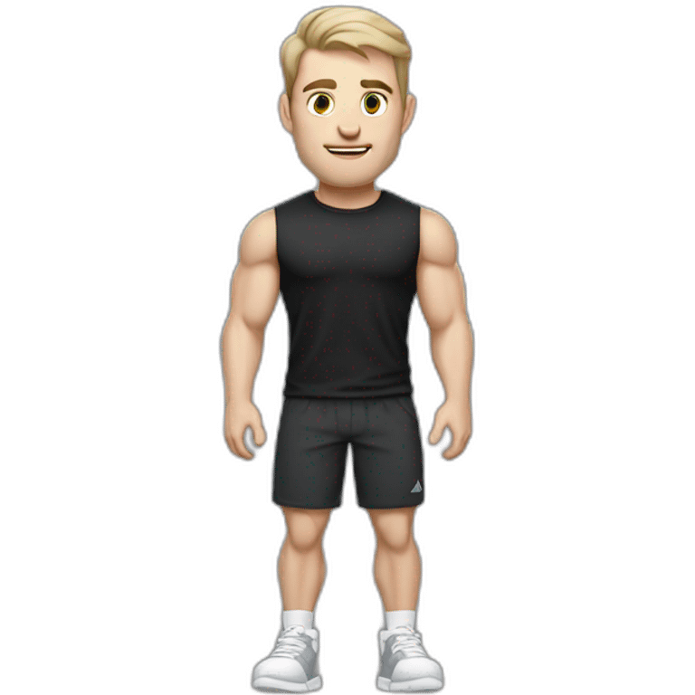 Pale skinned Fit Man With the biceps and dark brown hair in black shirt, gray sports shorts and white Sneakers emoji