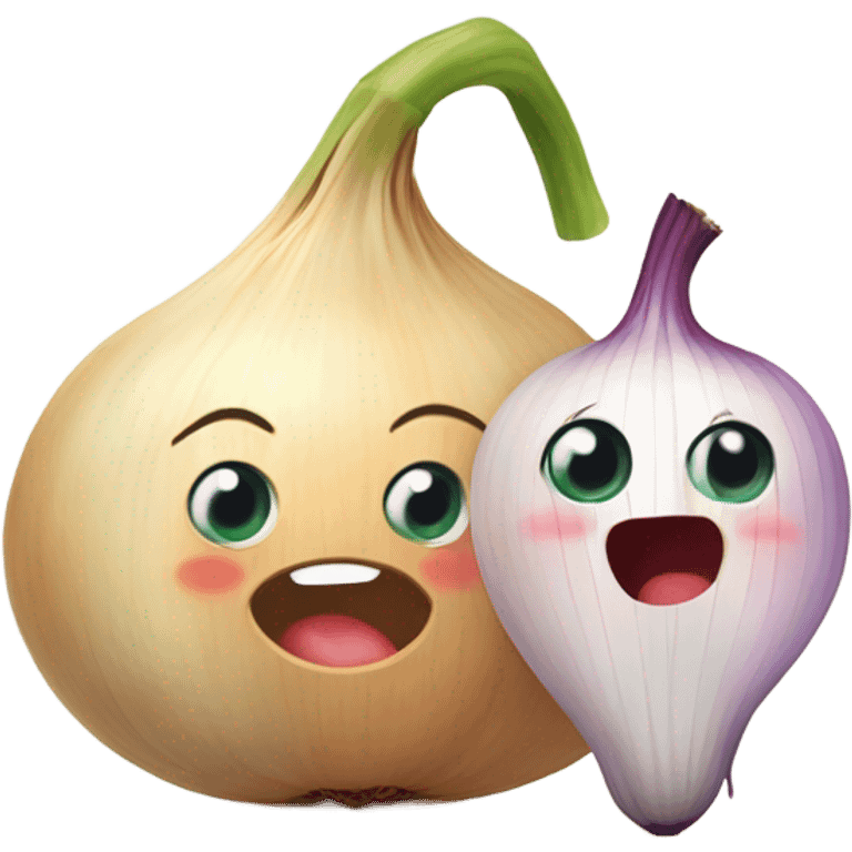  emoji of a cute garlic clove and a smiling onion looking at each other with love. They have big, adorable eyes and rosy cheeks. Small red hearts float around them, and they appear to be blushing, creating a romantic and funny atmosphere. emoji