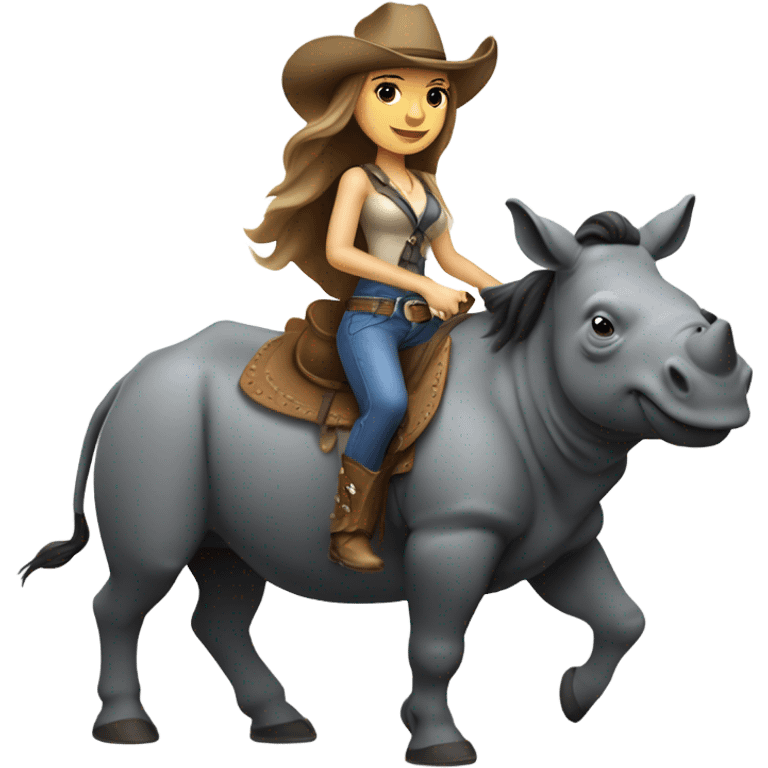 Caucausian woman with long hair with a cowboy hat and she’s riding a rhinoceros emoji