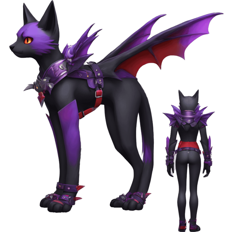 Anthro sona cool cute pretty black punk red Purple ethereal fantasy nargacuga-bat-cat-Fakemon spiked collar harness full body emoji