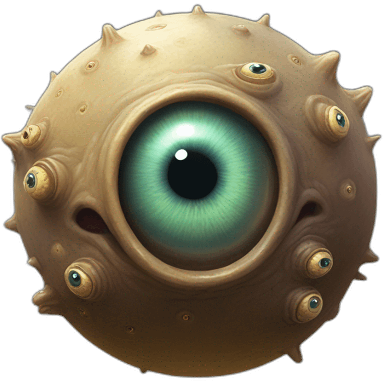 D&D beholder, one bg central eye, 8 small eyes on stocks above it's head, spherical body floating about the ground emoji