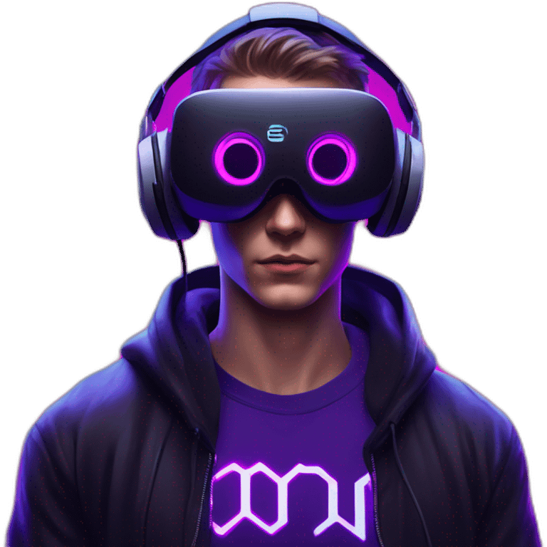 Russian young man wearing a black hoodie with "OMG" letters on it and VR headset in a cyberpunk VR environment with violet neon lighting. emoji