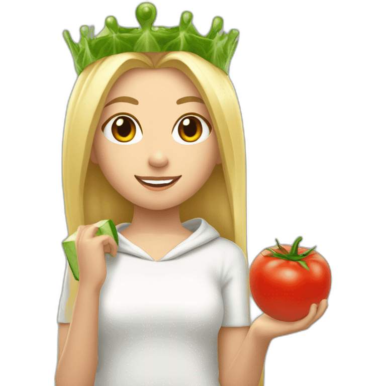 blonde girl  eating  cucumber and tomatoes with white hoodie iridescent and a crown princess emoji