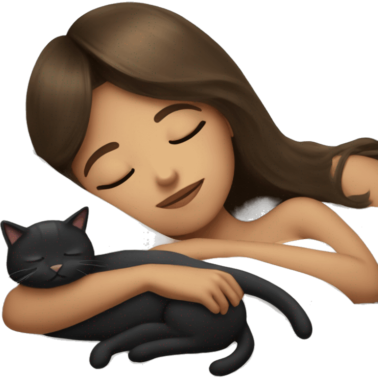 Girl with long brown hair and bangs napping with a black cat emoji