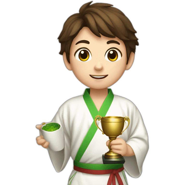 a 12-year-old boy with brown hair with a prize cup high in his hand in a white kimono with a green belt emoji