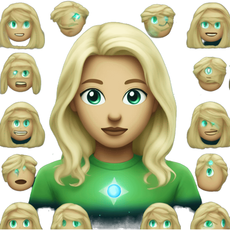 nordic pleiadian in green clothing with thin face long blonde hair and blue eyes third eye glowing emoji