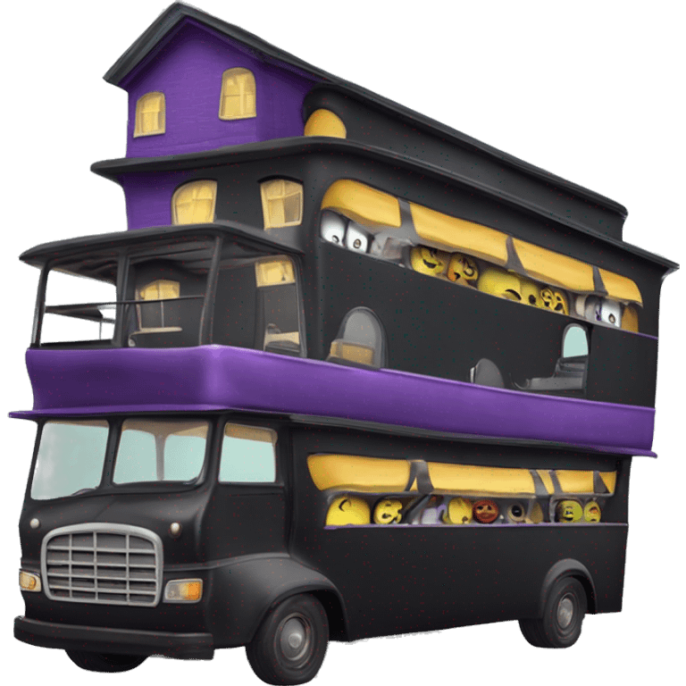 Double decker, wide angle,Reality morticia Addams haunted dream house on food truck  emoji