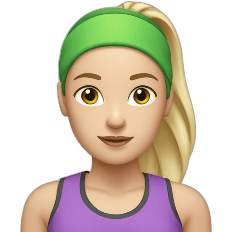 White Female fitness instructor with a green headband and pony tail emoji