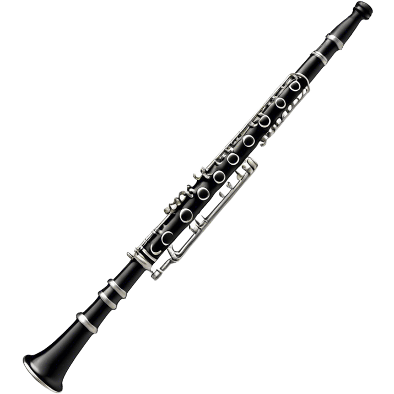 Create an emoji, representing a black standard clarinet. The design should feature a smooth, glossy black body of the clarinet with shiny, silver keys clearly visible. Highlight the intricate details of the mouthpiece and reed at the top, while the body of the instrument should remain simple and elegant. Add subtle musical notes or soundwaves floating around the instrument to symbolize its clear, melodic sound. Use black for the body, silver for the keys, and soft lighting effects to give the instrument a polished, sophisticated look. The background should be transparent. emoji