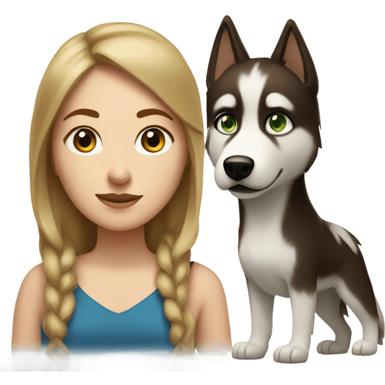 White Woman hair brown and bleus eyes and golden Husky With green eyes emoji