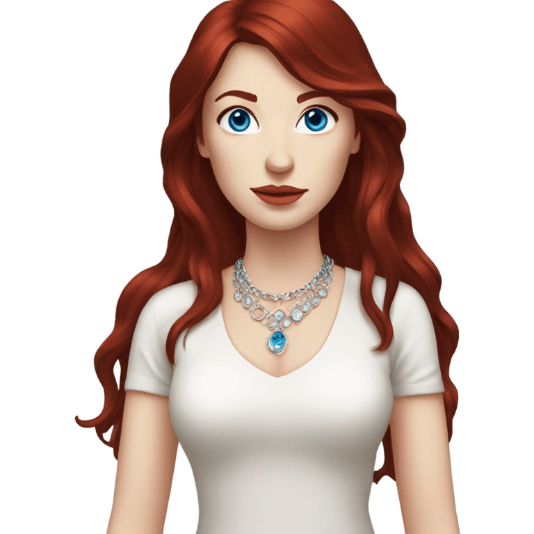 woman with pale skin, blue eyes and long dark red hair with layers and bangs, wearing a white top and silver jewellery emoji