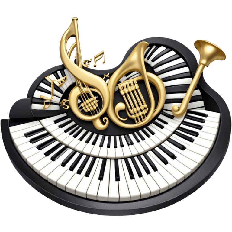 Create an elegant and festive emoji collage representing keyboard instruments, styled like a heraldic emblem. The design should feature a central focal point of black and white piano keys, arranged in a semi-circular or shield-like shape. Around the piano keys, add intertwining musical notes that form flowing ribbons, creating a dynamic and celebratory atmosphere. The design should be professional, with polished silver and gold accents on the keys and notes, highlighting the luxury and sophistication of the instruments. Add subtle shading and lighting effects to give the design a refined, 3D appearance. The background should remain transparent, and the overall feel should evoke grandeur, artistry, and a sense of celebration. emoji