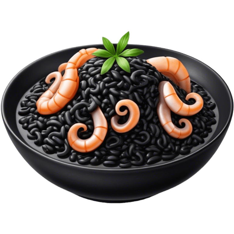 Cinematic Realistic Black Risotto Dish Emoji, showcasing a rich squid ink-infused risotto rendered with bold textures and dynamic, dramatic lighting. emoji