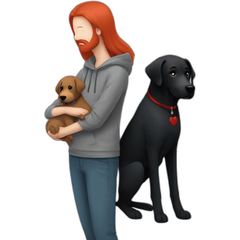 a slender man wear grey hoodie with a red beard hug a black Labrador emoji