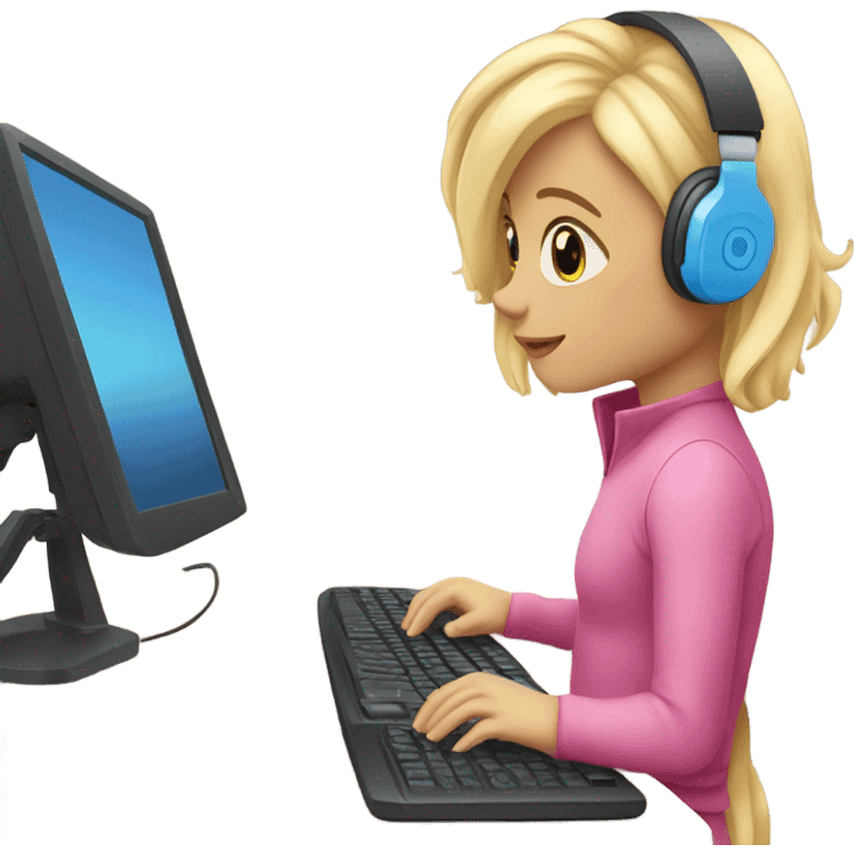 blonde hair blue eyed girl pink headphones and computer emoji