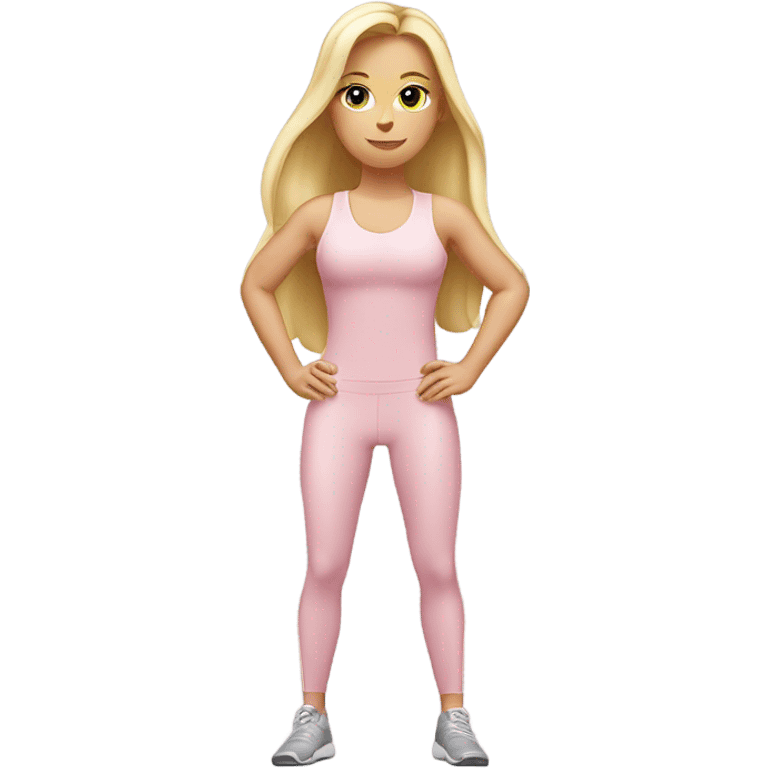 A blonde white girl in a light pink fitness suit with a full-length fitness mat emoji