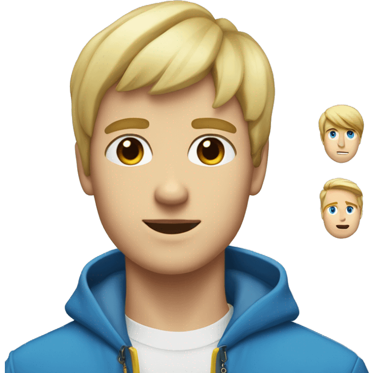 A blonde guy with 2 bangs,left eye blue,right eye yellow,a big white shirt,a yellow coat with a big blue flower shape crystal in the middle of the coat emoji