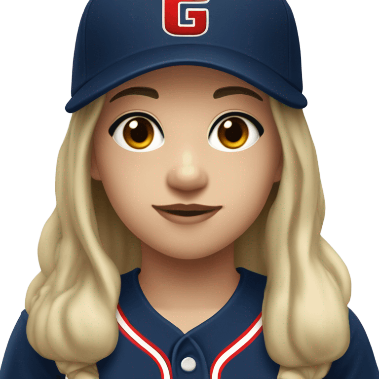 Black long hair and white skin girl wearing navy ballcap emblazoned with a red G initial and wearing baseball uniform emoji