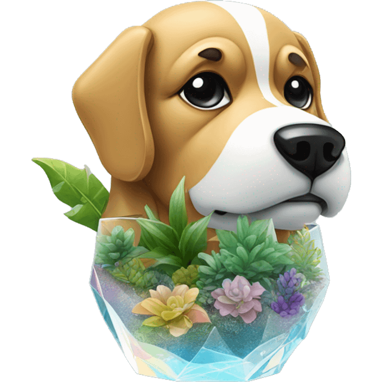 A dog made of glass mirror crystals prisms glass transparent filled with plants as a terrarium with graffiti doodles emoji