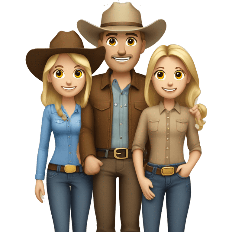 Caucasian family of five people, all with cowboy hats on, 2 blonde teenagers, 1 light brown haired mom, 1 little boy with brown hair and a brown hair dad emoji