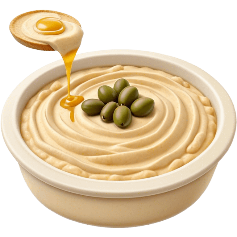 Cinematic Realistic Hummus Dish Emoji, depicted as a creamy chickpea dip drizzled with olive oil rendered with rich textures and warm, inviting lighting. emoji